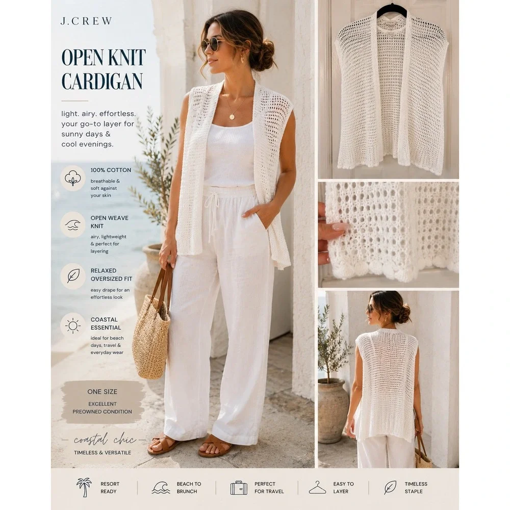 J. Crew White Open Knit Sleeveless Cardigan‎ Coastal Grandma Cotton Sweater